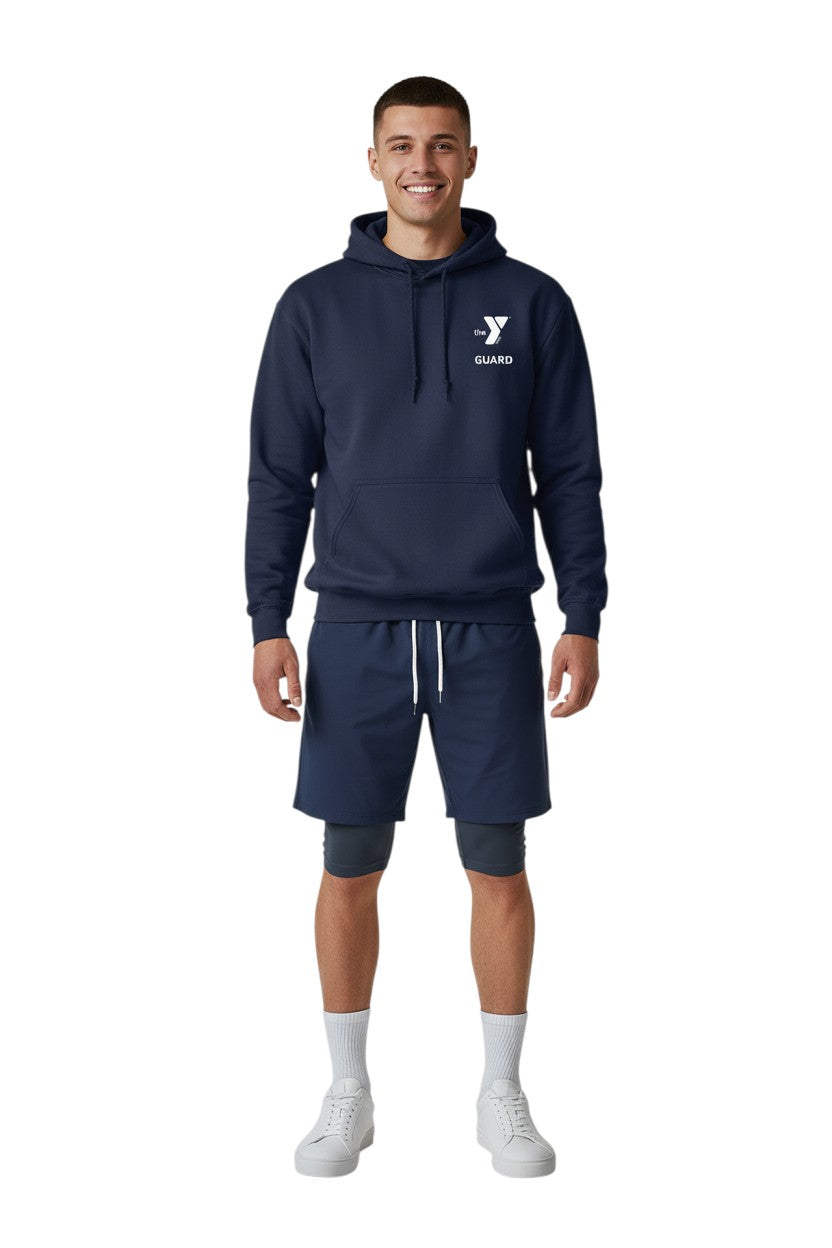 The Lifeguard Store navy blue YMCA Guard hooded sweatshirt with pouch pocket and drawstring. Cotton/polyester blend.