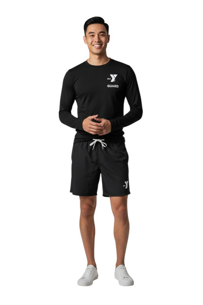 The Lifeguard Store YMCA Guard black long sleeve rashguard with UPF50+ protection, made of polyester and spandex.