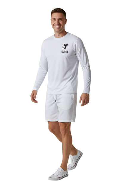 The Lifeguard Store YMCA Guard white long sleeve rashguard with UPF50+ UV protection. Made of 91% polyester/9% spandex.