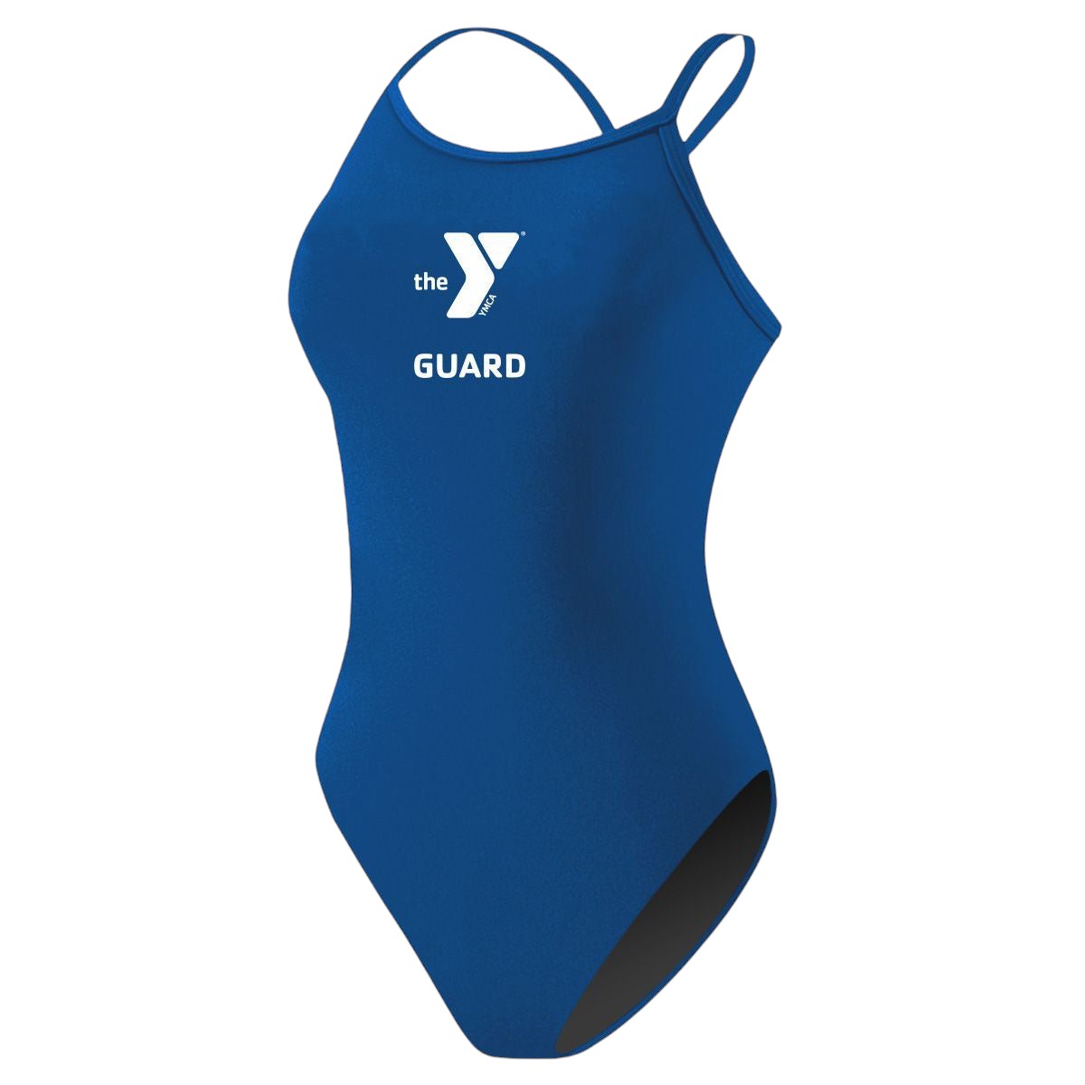 The Lifeguard Store YMCA Kiefer Guard H-Back One Piece swimsuit in royal blue with white YMCA logo and GUARD text. Polyester-spandex blend.