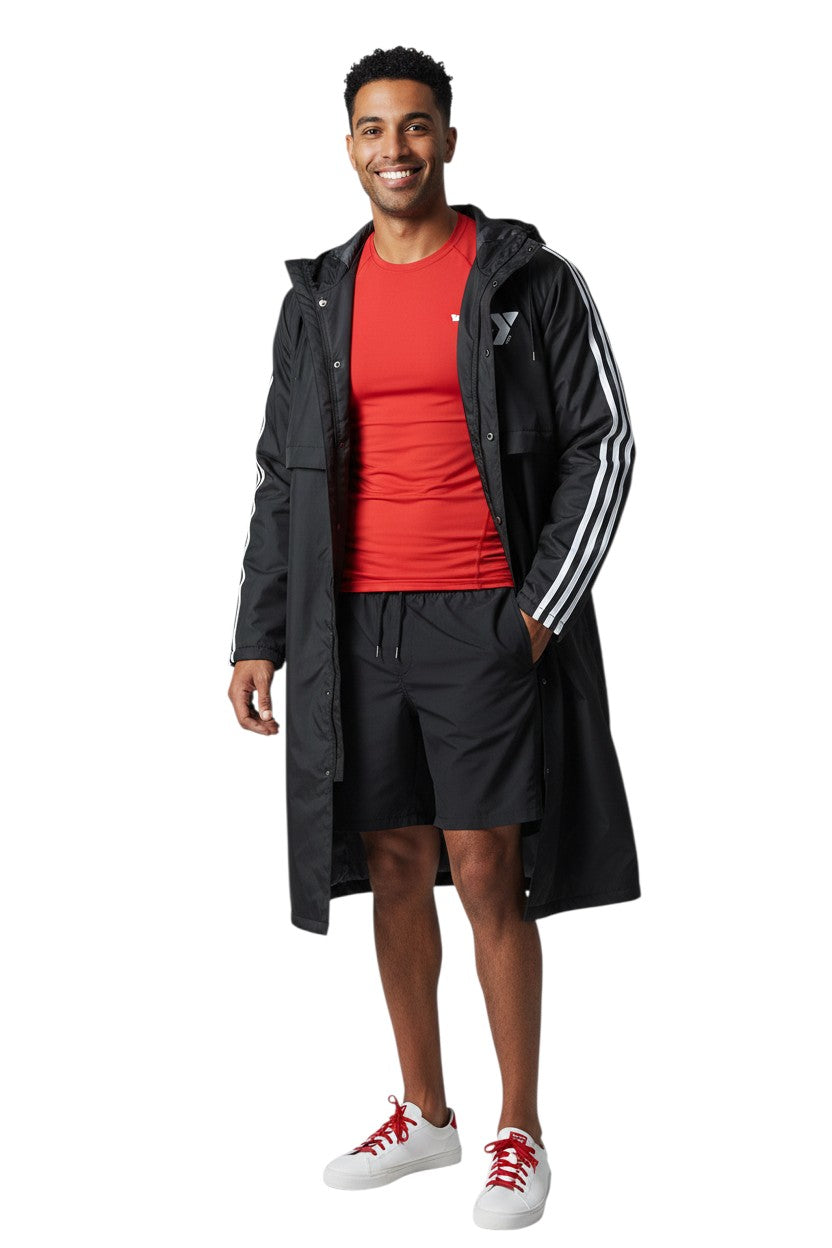 The Lifeguard Store YMCA Guard Parka, black nylon with fleece lining and white stripe accents on sleeves.