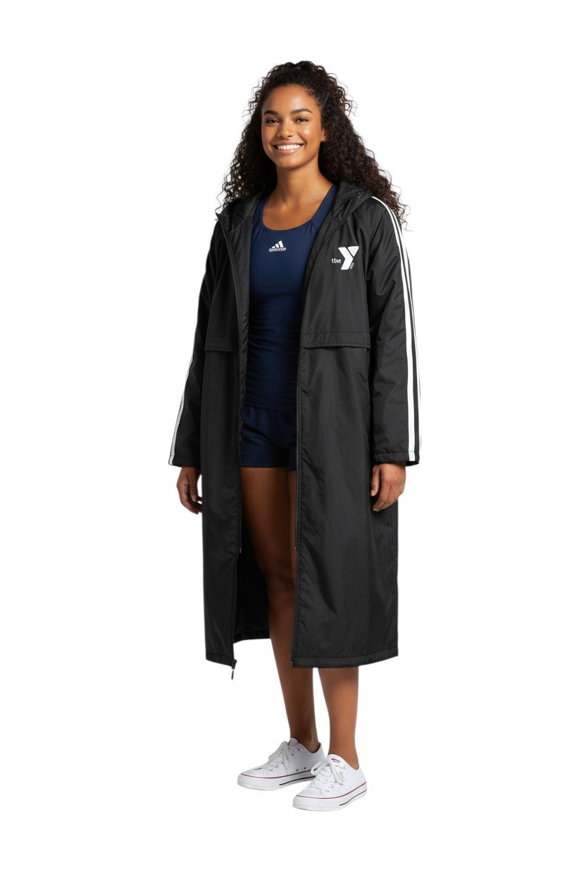 The Lifeguard Store YMCA Guard Parka, black nylon with fleece lining and white stripe details on sleeves.