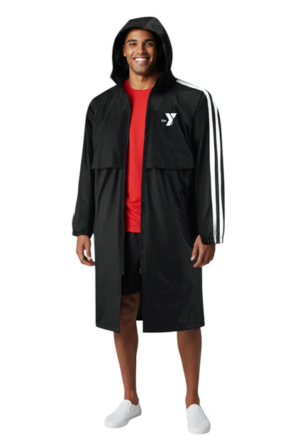 The Lifeguard Store YMCA Guard Parka, black nylon with fleece lining, white stripe details on sleeves, full zip.