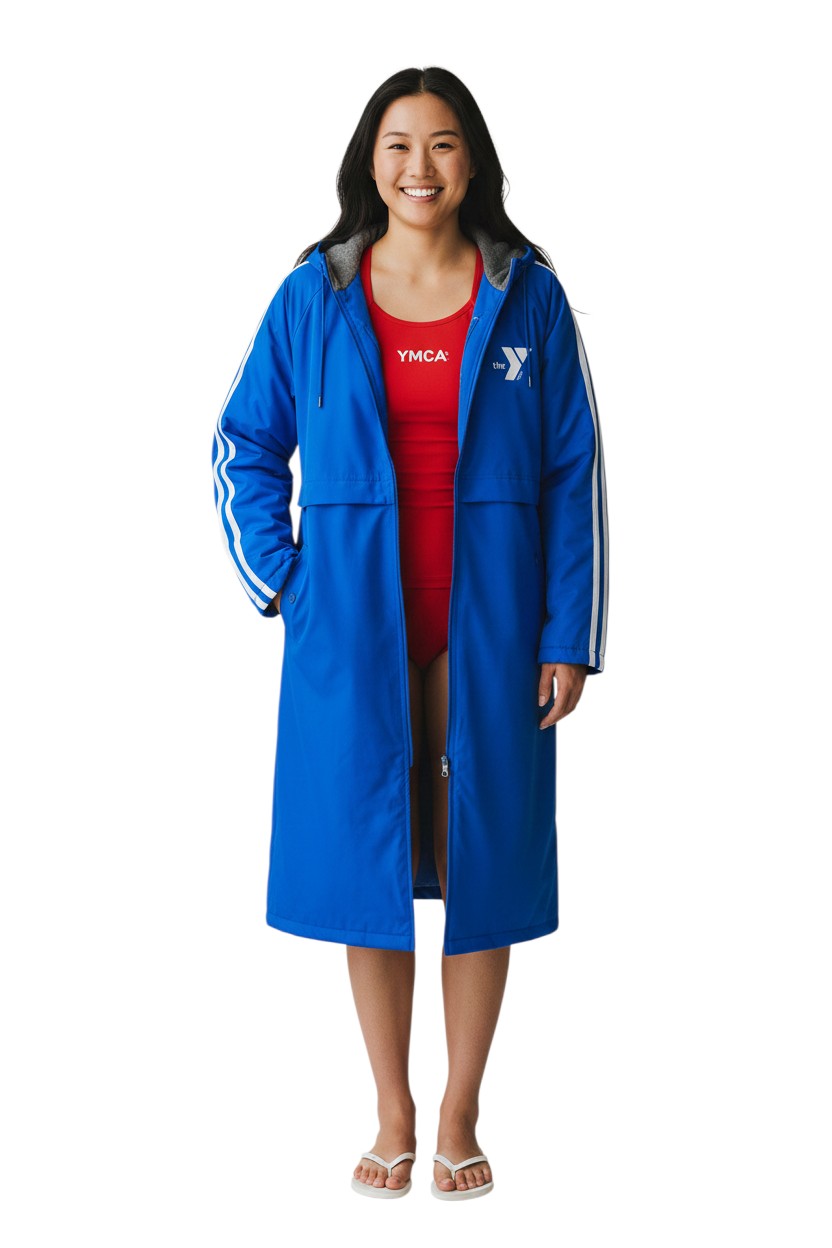 The Lifeguard Store YMCA Guard Parka in royal blue nylon with fleece lining and white stripes on sleeves.
