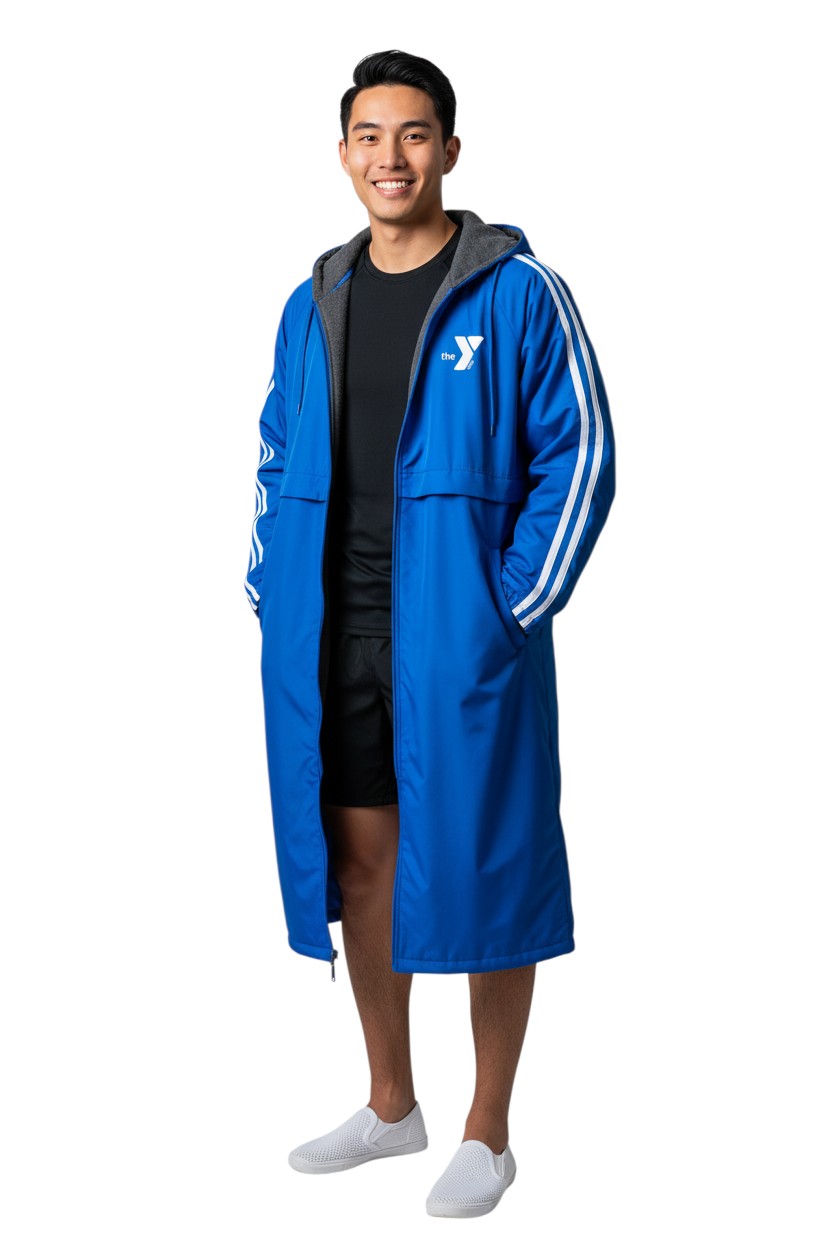 The Lifeguard Store YMCA Guard Parka in royal blue nylon with fleece lining and white stripes on sleeves.