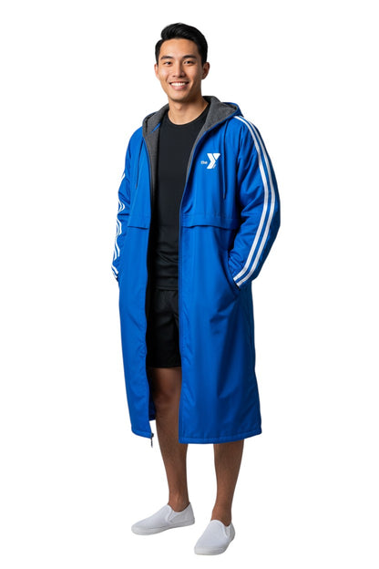 The Lifeguard Store YMCA Guard Parka in royal blue nylon with fleece lining and white stripes on sleeves.