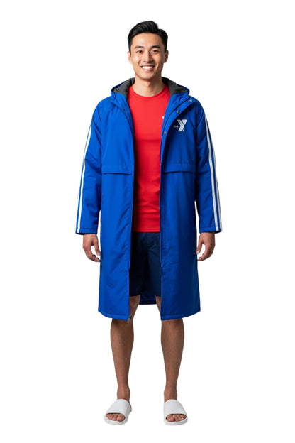 The Lifeguard Store YMCA Guard Parka in royal blue nylon with fleece lining and white stripes on sleeves.