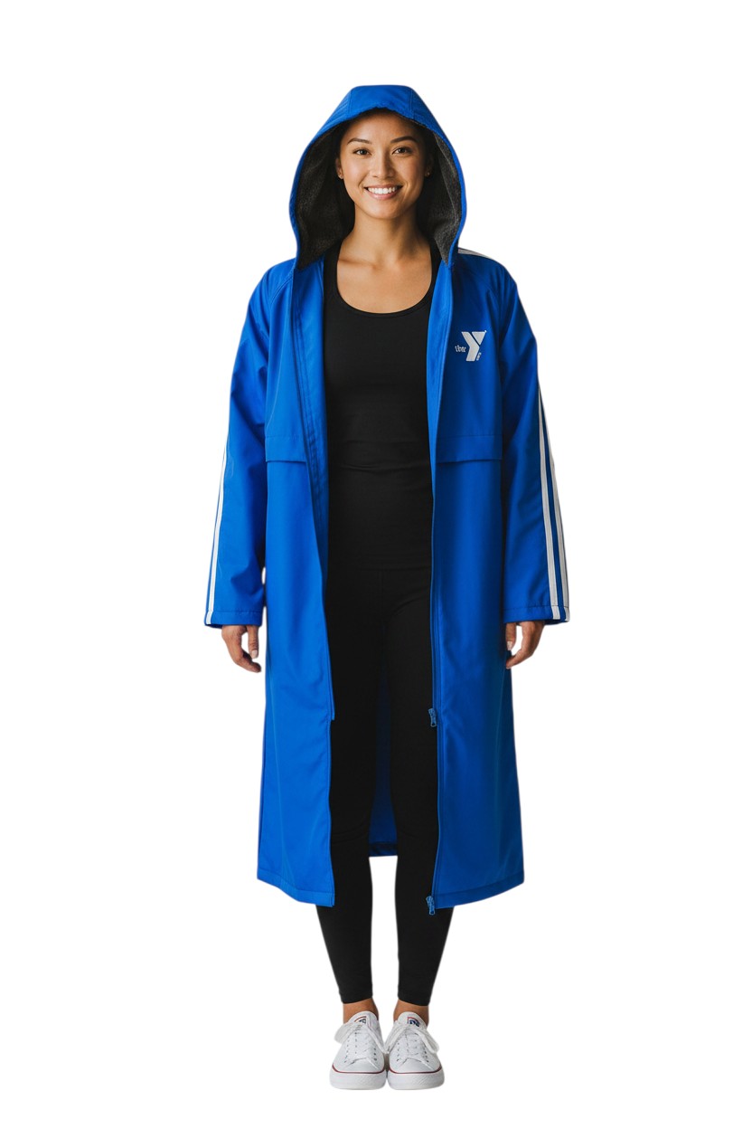 The Lifeguard Store YMCA Guard Parka in royal blue nylon with fleece lining and white stripes on sleeves.