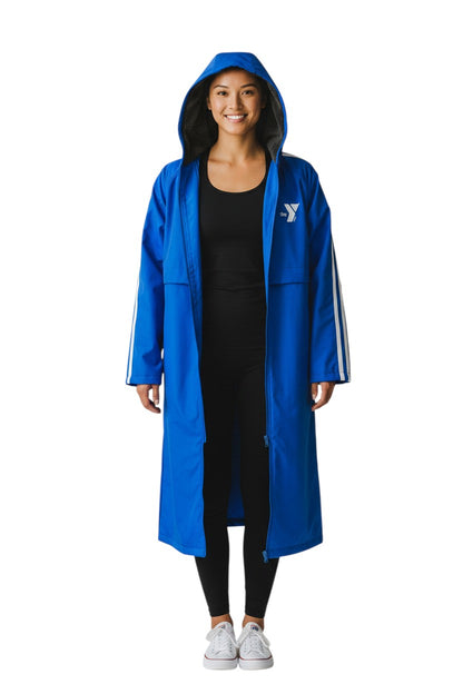 The Lifeguard Store YMCA Guard Parka in royal blue nylon with fleece lining and white stripes on sleeves.