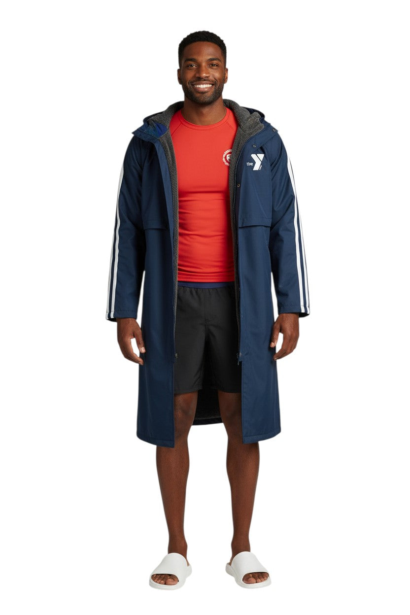 The Lifeguard Store navy blue nylon parka with fleece lining, white stripes on sleeves, and YMCA logo.