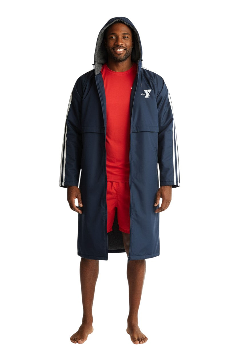 The Lifeguard Store navy blue nylon parka with fleece lining and white stripes on sleeves. Features YMCA logo.