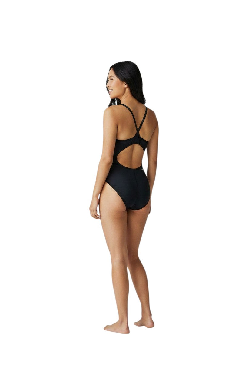 The Lifeguard Store YMCA Guard Poly H-Back one-piece swimsuit in black with white straps. Made of polyester and spandex.