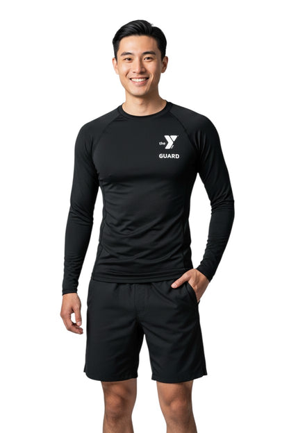 The Lifeguard Store YMCA Kiefer Guard long-sleeve rashguard in black polyester-spandex blend with UPF50+ protection.