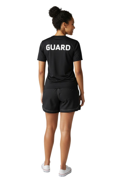 The Lifeguard Store YMCA Guard Short Sleeve Rashguard in black, made of polyester and spandex with UPF50+ protection.