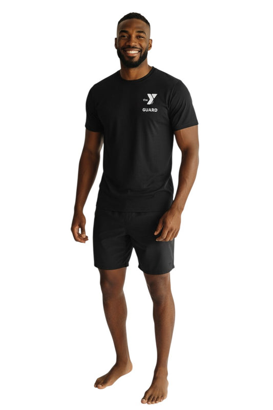 The Lifeguard Store YMCA Guard black short sleeve rashguard made of polyester and spandex with UPF50+ protection.