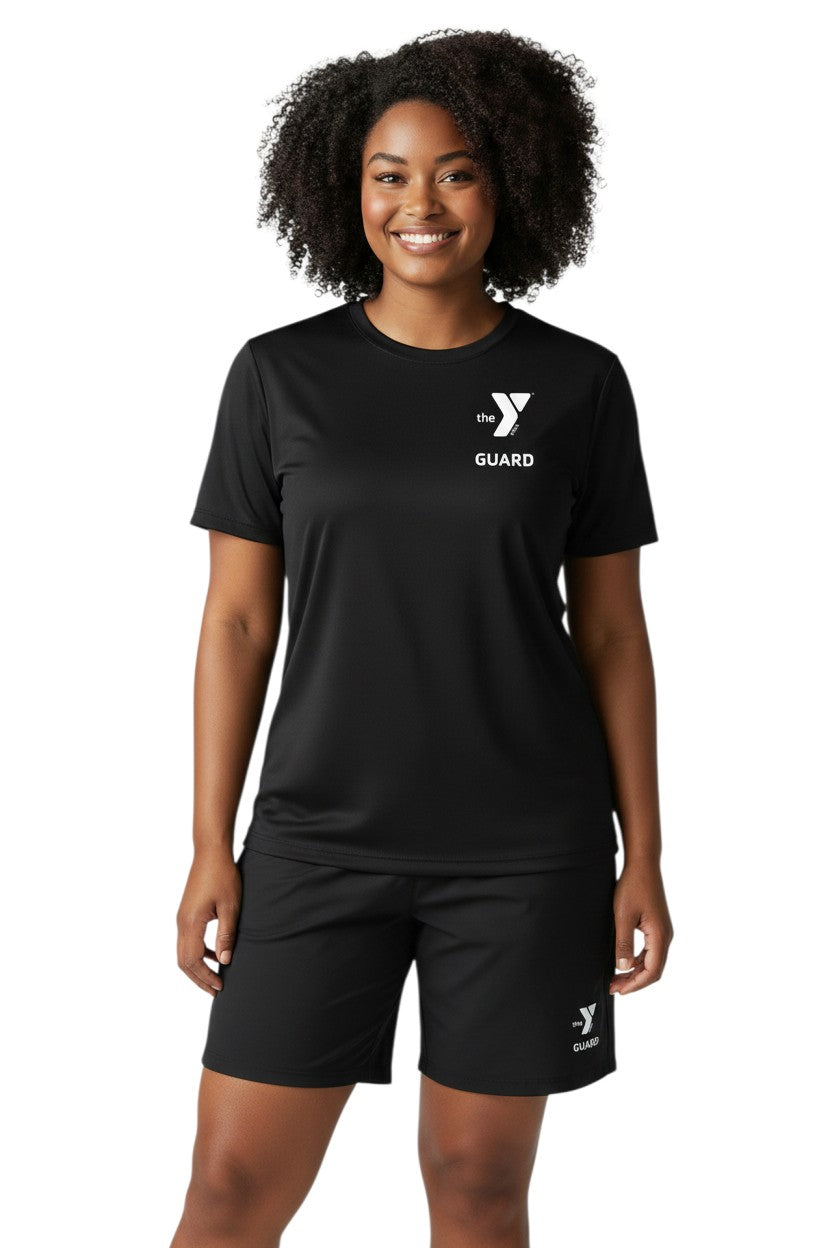 The Lifeguard Store YMCA Guard black short sleeve rashguard made of polyester and spandex with UPF50+ protection.