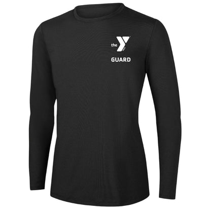 The Lifeguard Store YMCA Kiefer Unisex Guard long sleeve black rashguard with white logo and text.