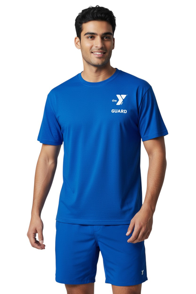 The Lifeguard Store blue short sleeve YMCA Guard rashguard made of polyester and spandex with UPF50+ protection.