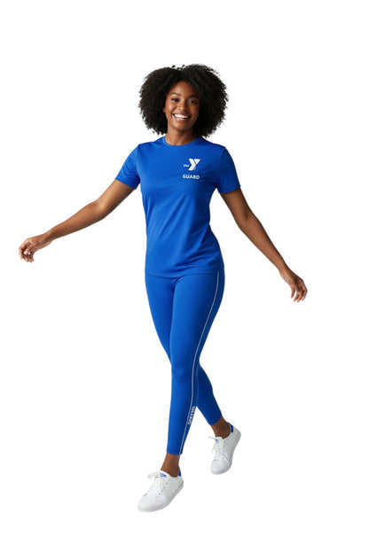 The Lifeguard Store YMCA Kiefer Guard blue short-sleeve rashguard with UPF50+ protection. Made of poly-stretch fabric.