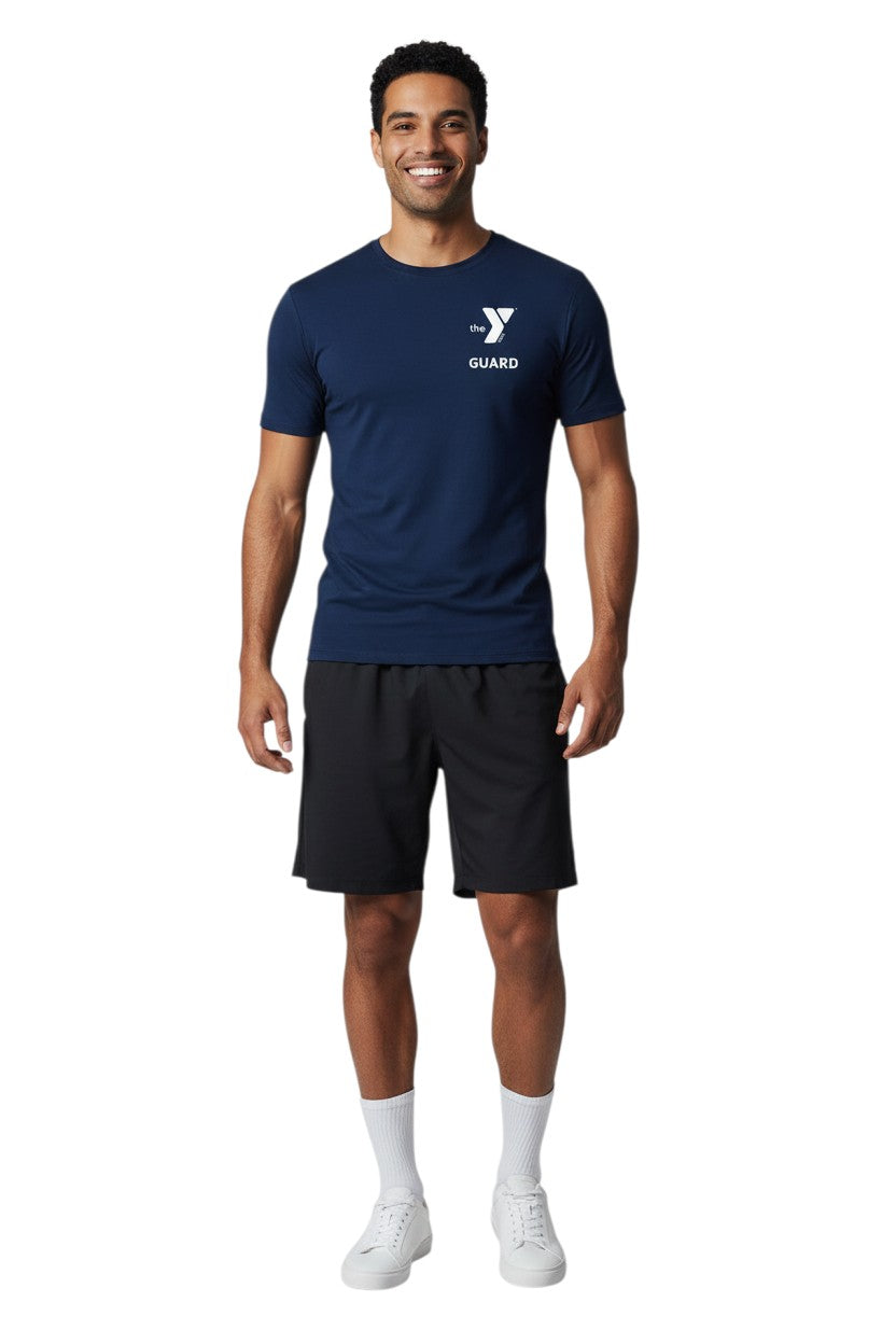 The Lifeguard Store YMCA Kiefer Guard navy blue short-sleeve rashguard with UPF50+ protection. Made of polyester and spandex.