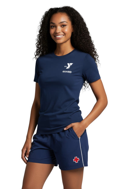 The Lifeguard Store YMCA Kiefer Guard navy blue short-sleeve rashguard with UPF50+ protection.