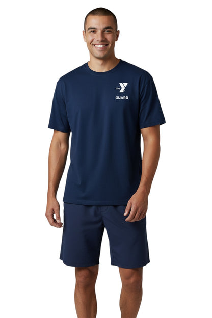 The Lifeguard Store navy blue short sleeve YMCA Guard rashguard made of polyester and spandex with UPF50+ protection.