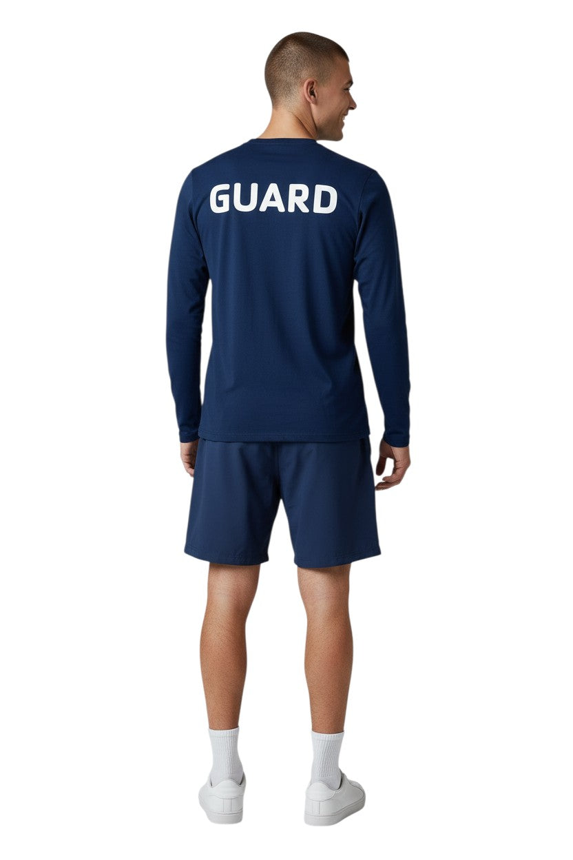 The Lifeguard Store YMCA Guard long sleeve rashguard in navy blue polyester-spandex blend with UPF50+ protection.