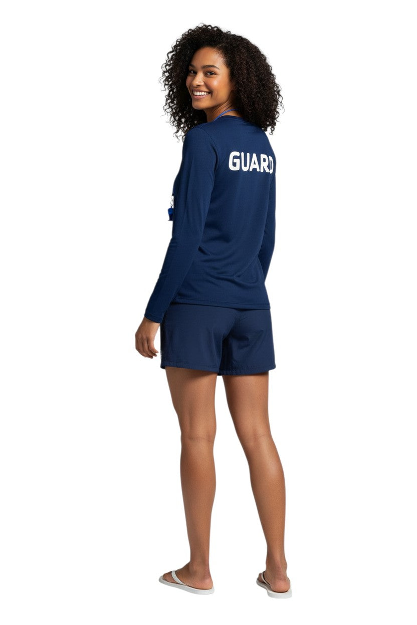 The Lifeguard Store YMCA Guard long sleeve rashguard in navy blue polyester-spandex blend with UPF50+ protection.