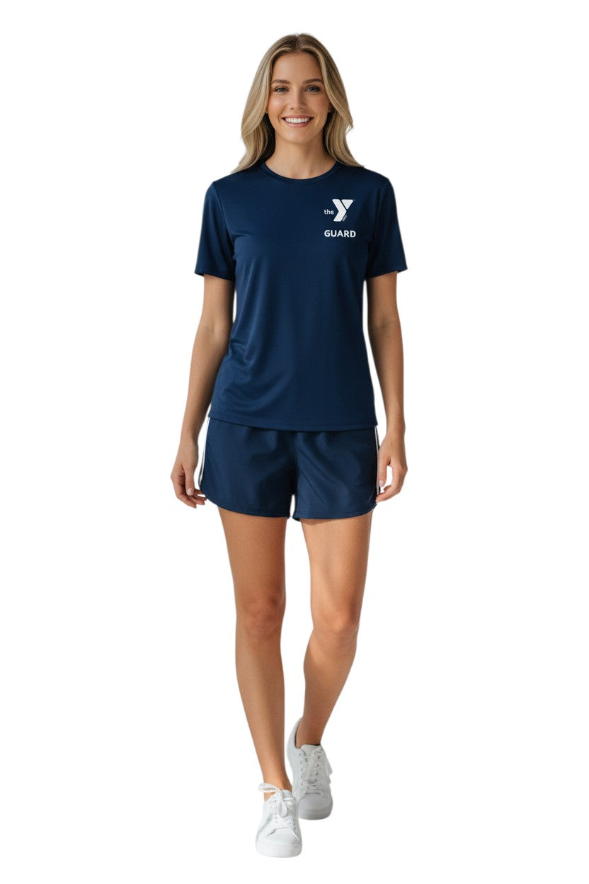 The Lifeguard Store navy blue short sleeve YMCA Guard rashguard made of polyester and spandex with UPF50+ protection.