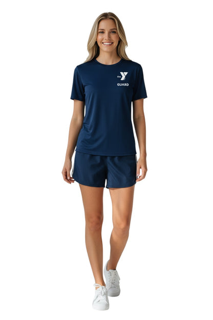 The Lifeguard Store navy blue short sleeve YMCA Guard rashguard made of polyester and spandex with UPF50+ protection.
