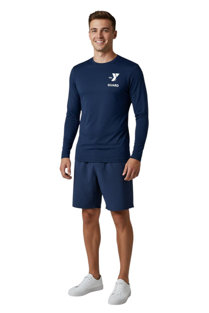 The Lifeguard Store YMCA Guard navy blue long sleeve rashguard made of polyester and spandex with UPF50+ protection.