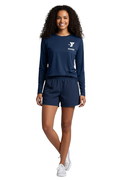 The Lifeguard Store YMCA Guard navy blue long sleeve rashguard with UPF50+ protection. Made of polyester and spandex.