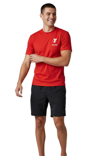 The Lifeguard Store YMCA Kiefer Guard red short-sleeve rashguard with UPF50+ protection. Made of 91% polyester/9% spandex.
