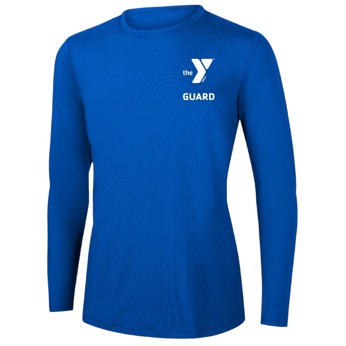 The Lifeguard Store YMCA Kiefer Unisex Guard long sleeve rashguard in royal blue, made of poly-spandex blend with UPF50+ protection.