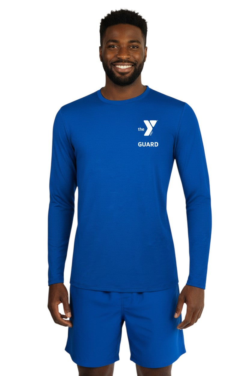 The Lifeguard Store YMCA Guard long sleeve rashguard in royal blue polyester blend with UPF50+ protection.