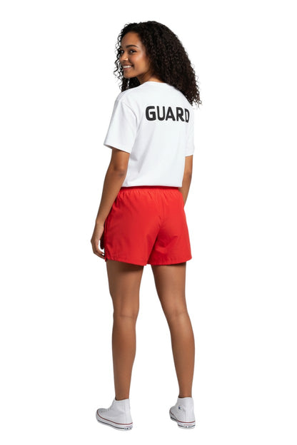 The Lifeguard Store YMCA Guard Short Sleeve Rashguard, white polyester-spandex blend with black "GUARD" text on back. UPF50+.