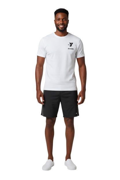 The Lifeguard Store YMCA Kiefer Guard S/S Crewneck Rashguard, white polyester-spandex blend with UPF50+ protection.