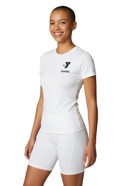 The Lifeguard Store YMCA Kiefer Guard S/S Crewneck Rashguard, white polyester-spandex blend with UPF50+ protection.