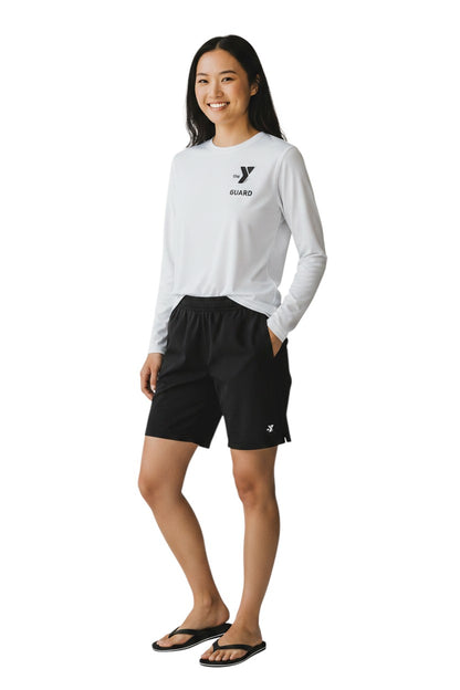 The Lifeguard Store white long sleeve rashguard with YMCA Guard logo. Made of polyester and spandex for comfort and UPF 50+ protection.