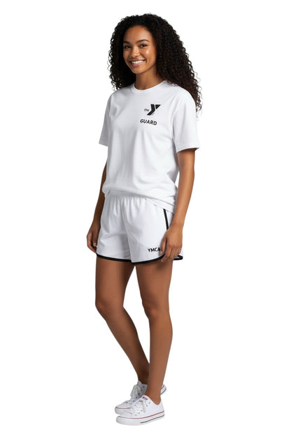 The Lifeguard Store white short sleeve rashguard with YMCA Guard logo on chest. Made of polyester and spandex.