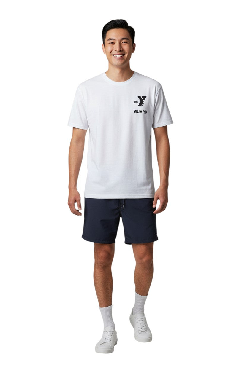The Lifeguard Store white short sleeve rashguard with YMCA Guard logo on chest. Made of polyester and spandex.