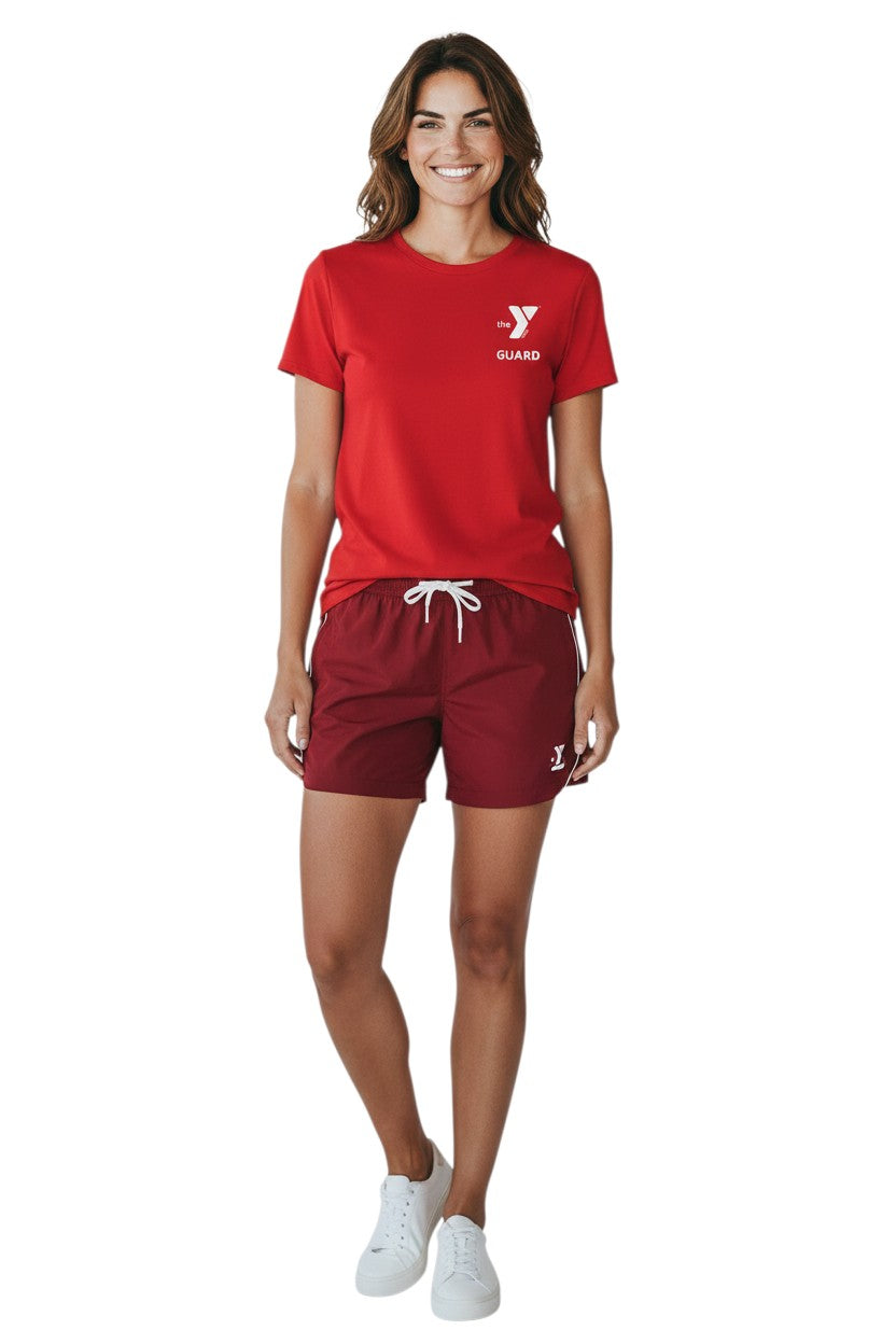 The Lifeguard Store YMCA Guard red short sleeve rashguard made of polyester and spandex with UPF50+ protection.