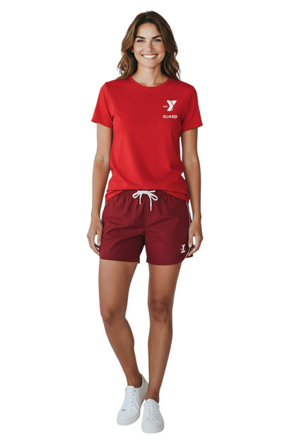 The Lifeguard Store YMCA Guard red short sleeve rashguard made of polyester and spandex with UPF50+ protection.