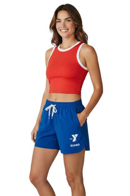 The Lifeguard Store YMCA Guard Roll blue polyester shorts with elastic waistband, drawstring, and pockets. Quick-dry fabric.