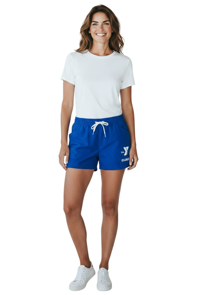 The Lifeguard Store blue polyester YMCA Guard Roll shorts with elastic waistband, drawstring, and two front pockets.