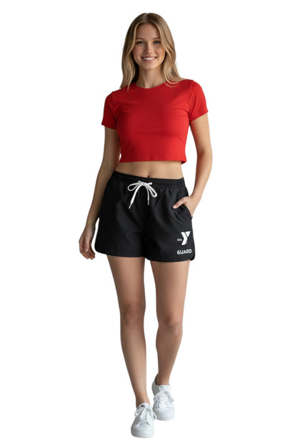 The Lifeguard Store black polyester YMCA Guard roll shorts with drawstring and pockets. Quick-dry, UPF30+.