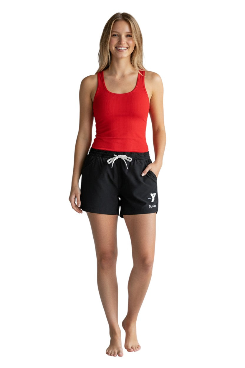 The Lifeguard Store black polyester YMCA Guard roll shorts with drawstring and pockets. Quick-dry fabric with UPF30+ protection.