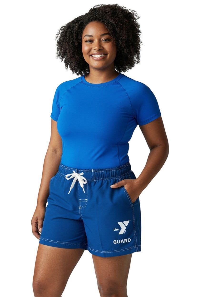 The Lifeguard Store blue polyester YMCA Guard shorts with 5" inseam, elastic waistband, drawstring, and side pocket.