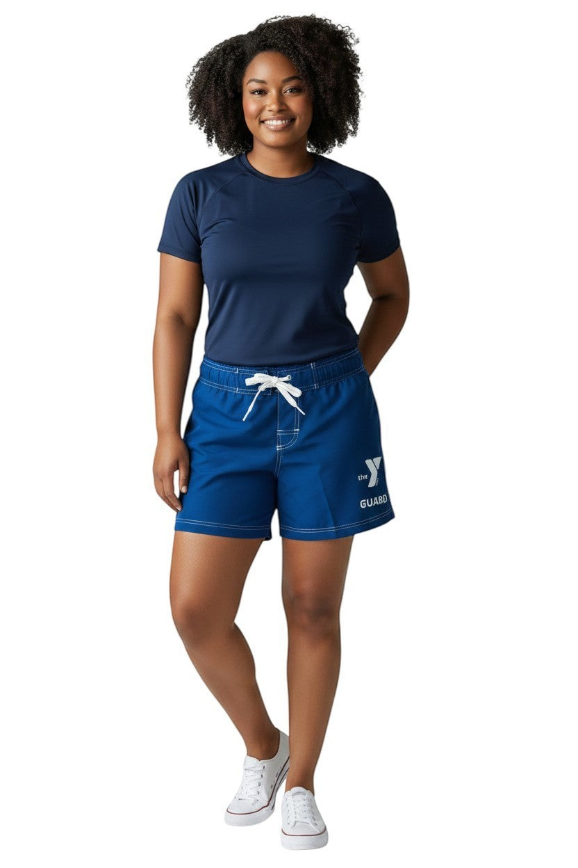 The Lifeguard Store blue polyester YMCA Guard shorts with 5" inseam, elastic waistband, drawstring, and side pocket.