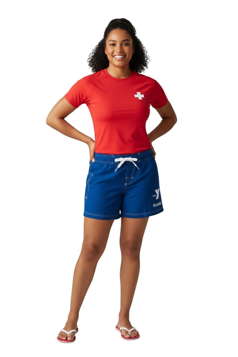 The Lifeguard Store blue polyester YMCA Guard shorts with 5" inseam, drawstring waist, and side pocket.